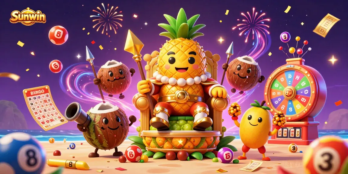 Experience the vibrant action of Sunwin with colorful lottery balls and a golden king in an exciting casino beach scene.