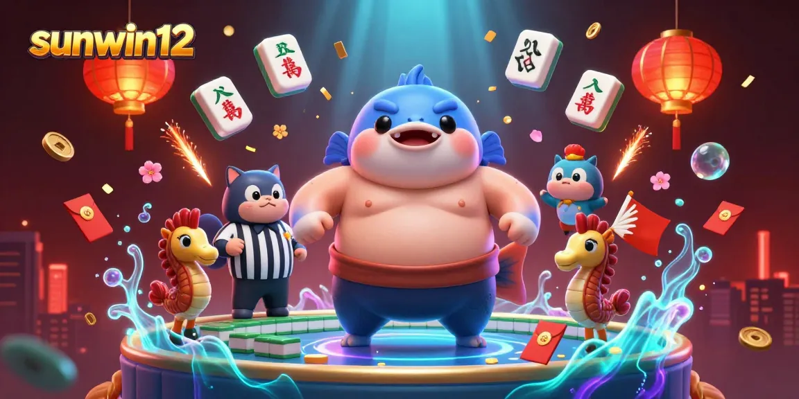 Engage with sunwin12 in this dynamic underwater casino scene featuring a whimsical fugu judge and vibrant game elements.