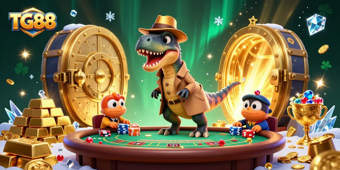 Experience excitement at TG88 with a velociraptor card counter amidst dazzling casino treasures.