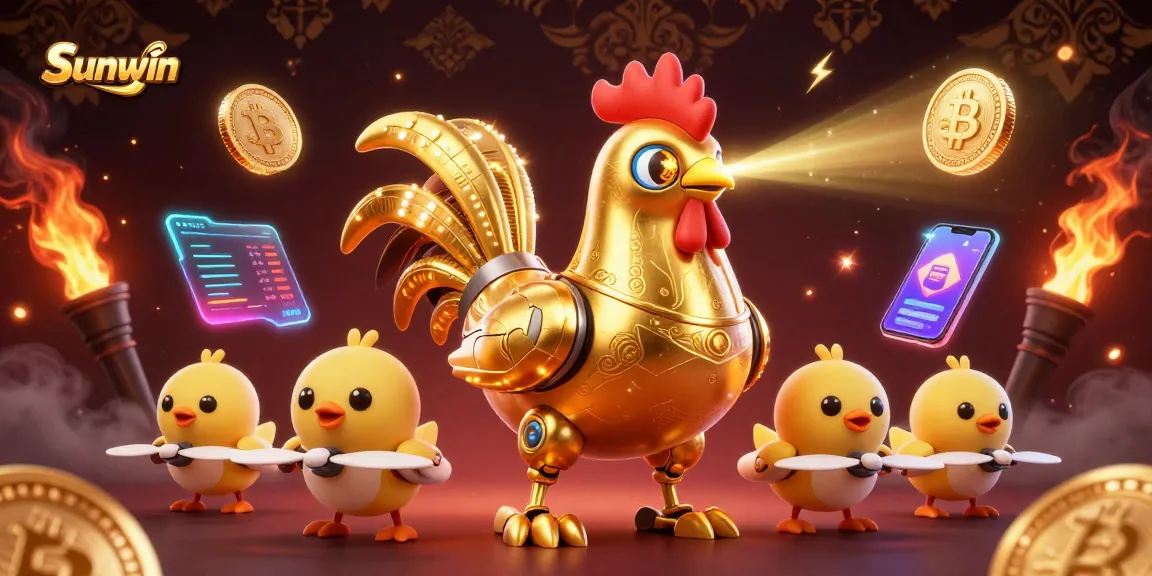Engage with Sunwin's thrilling casino action featuring a golden robotic rooster and cryptocurrency elements.