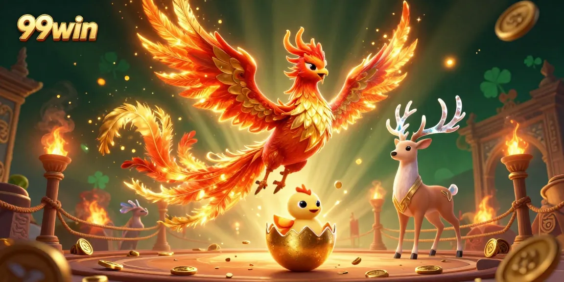 Engage with 99win's vibrant casino world featuring a phoenix and golden elements in action.