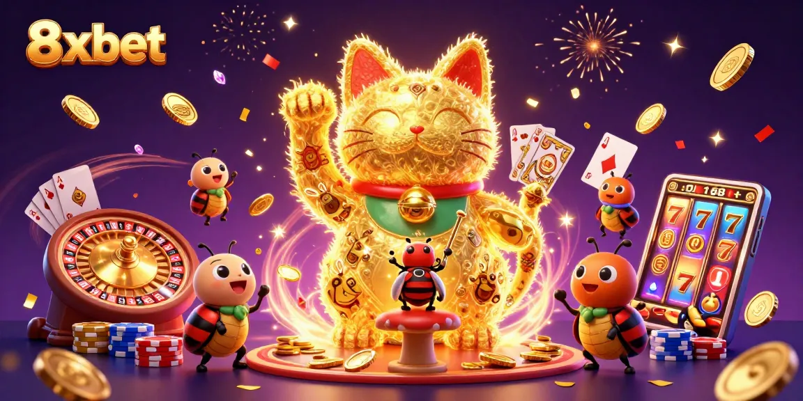 Engage with 8xbet's vibrant lucky cat illustration surrounded by casino elements, showcasing fun and excitement.