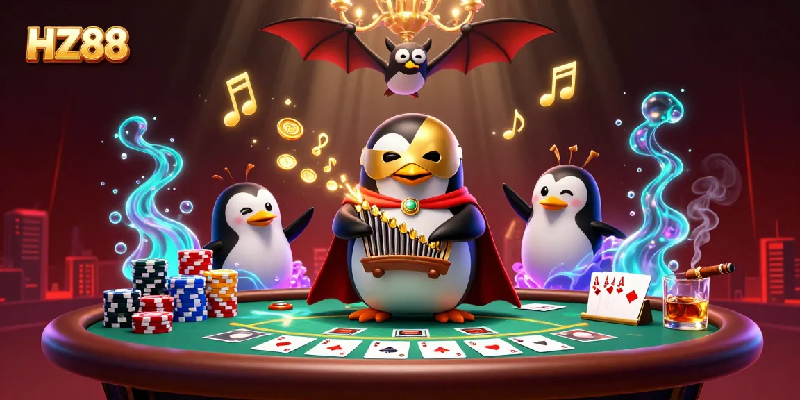 Experience excitement at HZ88 casino with the dynamic penguin organ player amidst poker elements