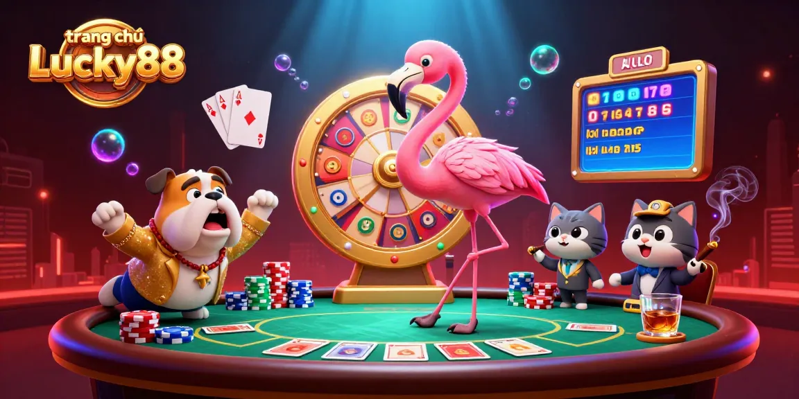 Experience excitement on trang chủ Lucky88 as a flamingo host spins a prize wheel in a vibrant casino.