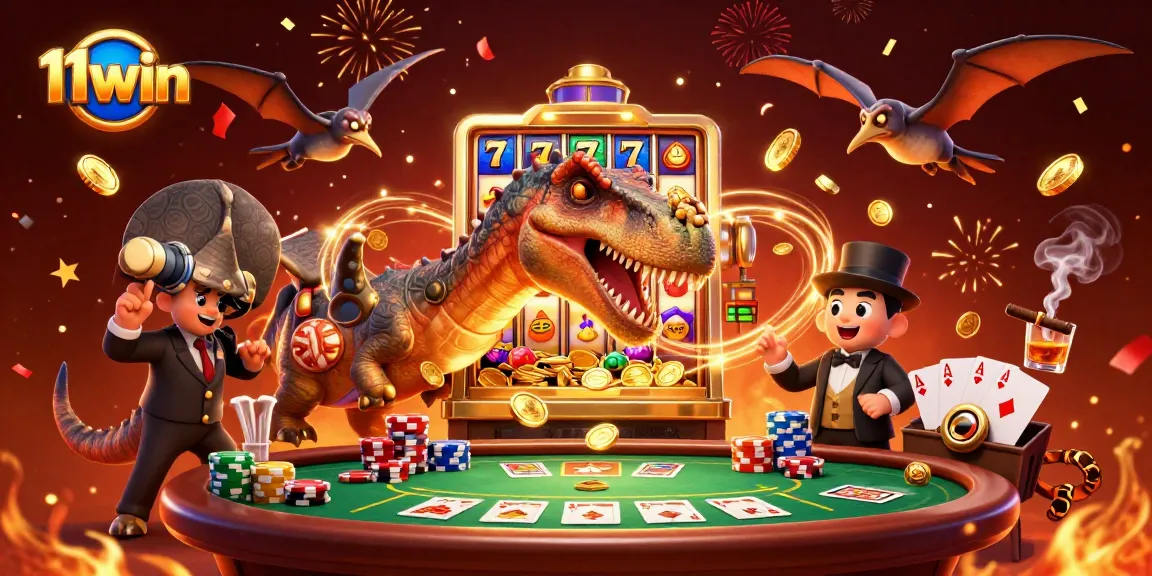 11win evokes excitement as 3D characters celebrate a jackpot in a vibrant casino scene.