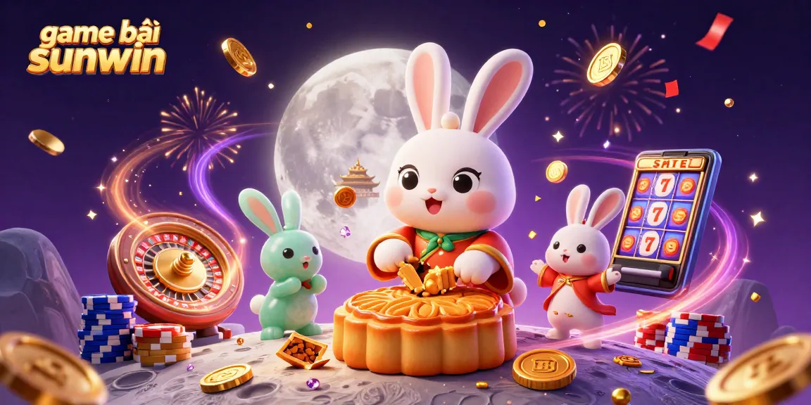 Experience game bài sunwin with a vibrant illustration of moon rabbits revealing poker chips amidst casino elements and celebration.