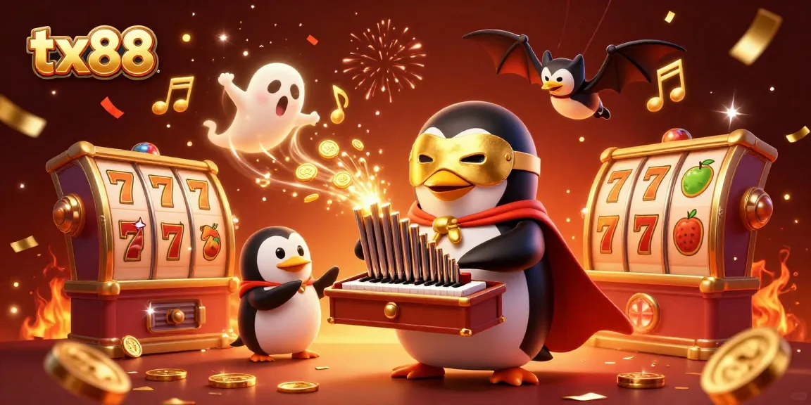 Win big at tx88 with a vibrant scene featuring the phantom opera penguin and slot reels.