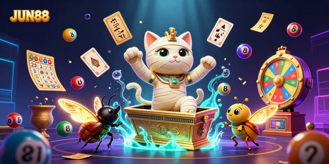 Engage with JUN88 to experience exciting online gaming in a vibrant casino-themed illustration.