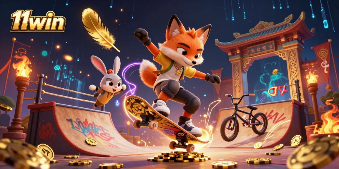Experience thrilling action at 11win with fox and rabbit gamers showcasing casino symbols.
