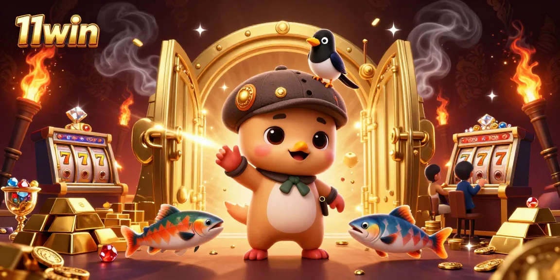 Engage with fun 11win slot games featuring adorable Nessie in a vibrant gold-filled scene.