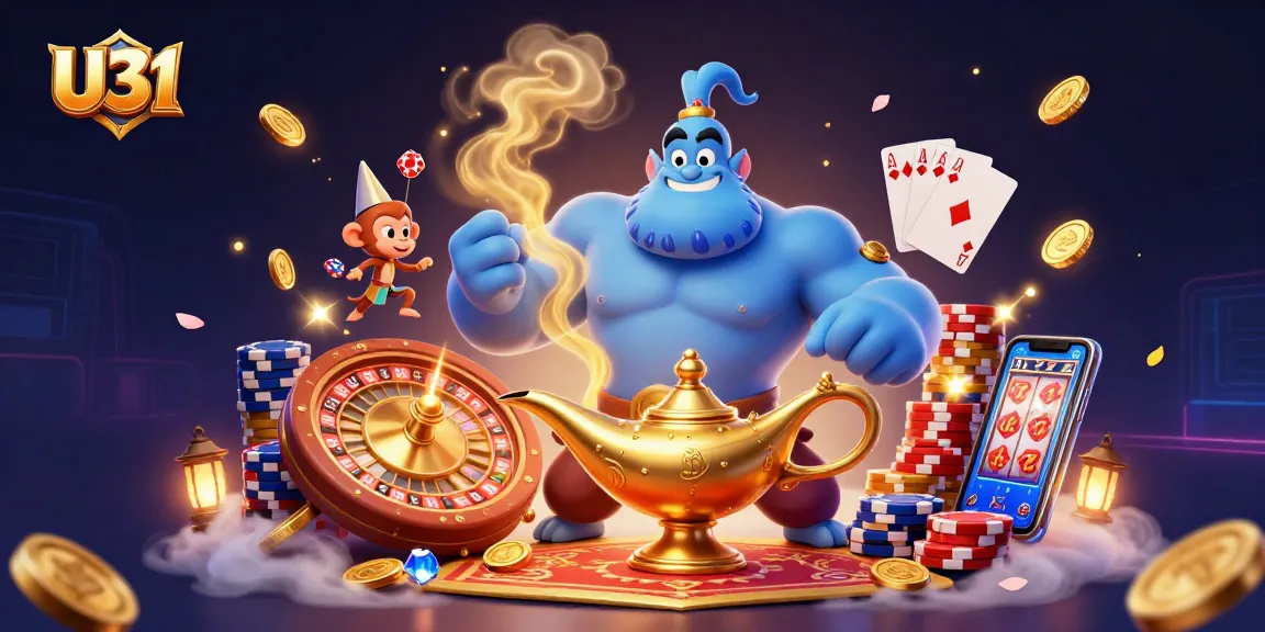 Engage with U31's vibrant casino world filled with golden coins, colorful poker chips, and thrilling gameplay.