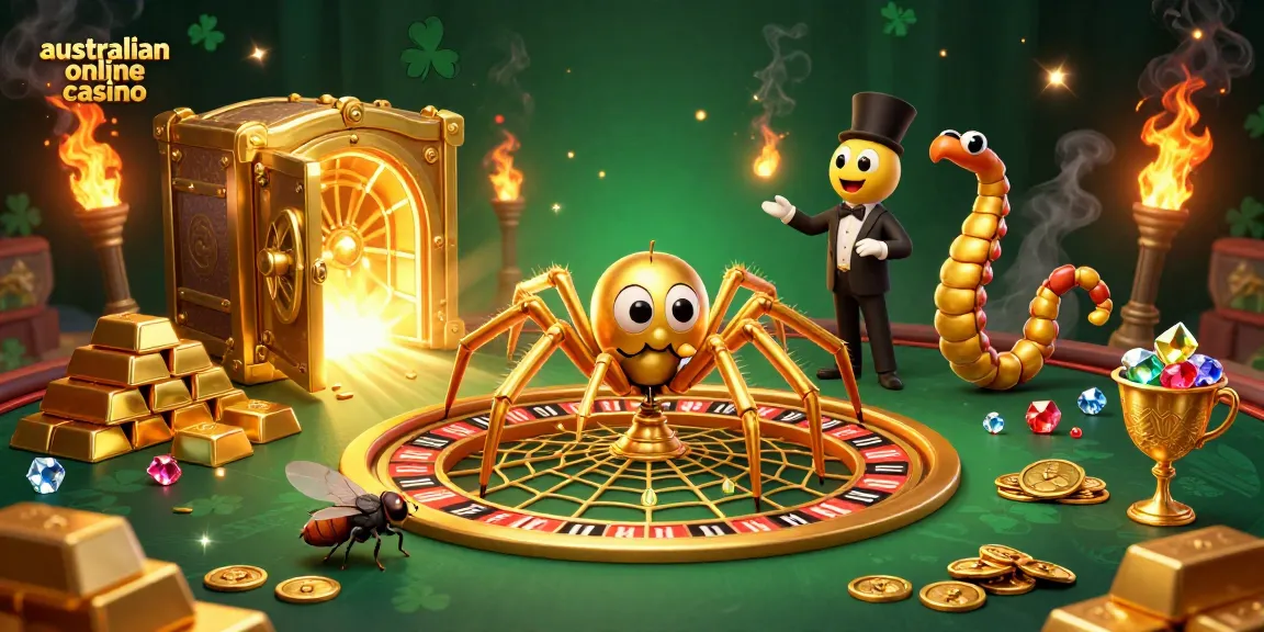 Spin big at an australian online casino with a golden spider web roulette wheel and vibrant gems.