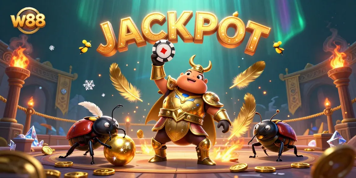 Experience the excitement of w88 with a dynamic scene showcasing gambling victory and animated characters.