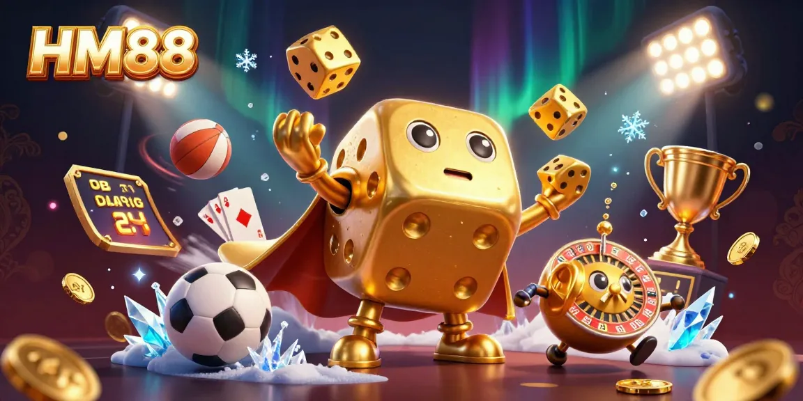 Engage in thrilling gameplay at HM88 with a dynamic 3D scene of a golden dice golem juggling and sports elements around.