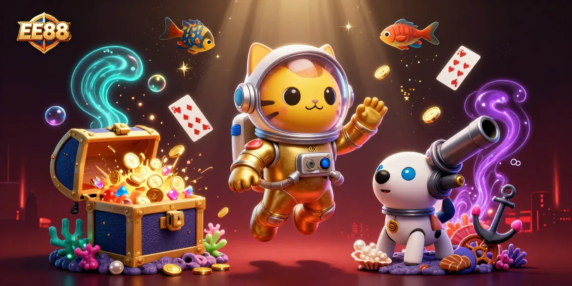 Experience the thrilling EE88 gaming universe with a vibrant 3D illustration of an astronaut cat amidst dynamic casino elements