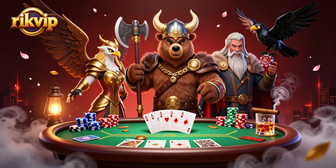 Experience epic poker battles with rikvip's vibrant casino theme featuring a Viking bear and Valkyrie eagle.