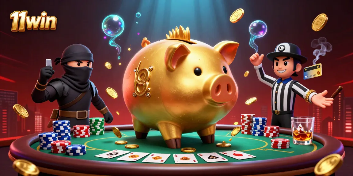Experience an energetic casino showdown featuring 11win's characters in a dynamic poker scene.