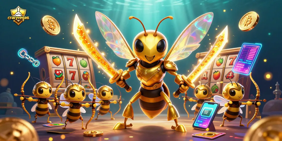 A vibrant casino-themed illustration featuring crazyvegas with a golden hornet character and slot game symbols.