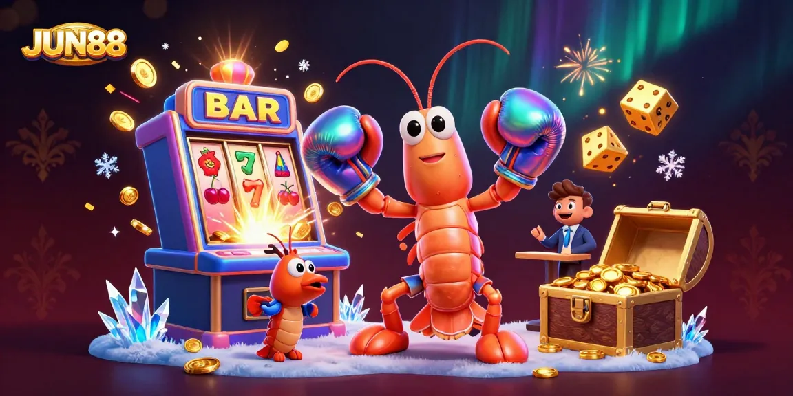 Experience exciting wins at JUN88 with cartoon mantis shrimp in 3D, celebrating a casino jackpot.