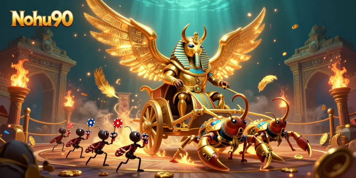 Nohu90 engages players with a dynamic 3D illustration showcasing a golden scarab beetle, scorpions, and poker chips.
