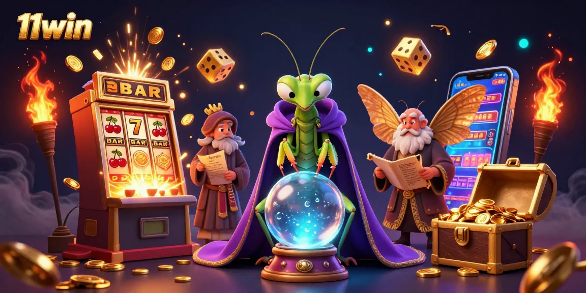 Engage with 11win's thrilling casino magic featuring a mantis fortune teller and jackpot excitement.