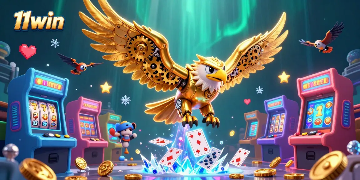 Experience thrilling gameplay with 11win's vibrant golden eagle mascot flying through a gaming wonderland.