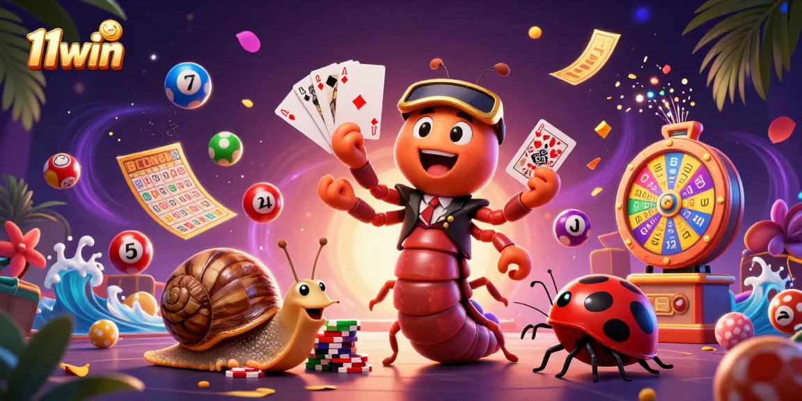 Engage with 11win's vibrant 3D casino scene featuring a millipede dealer, snail high-roller, and pill bug, all surrounded by exciting gambling elements.