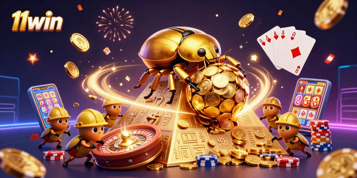 Spin and win with 11win's fun casino-themed illustration featuring golden coins and beetles.