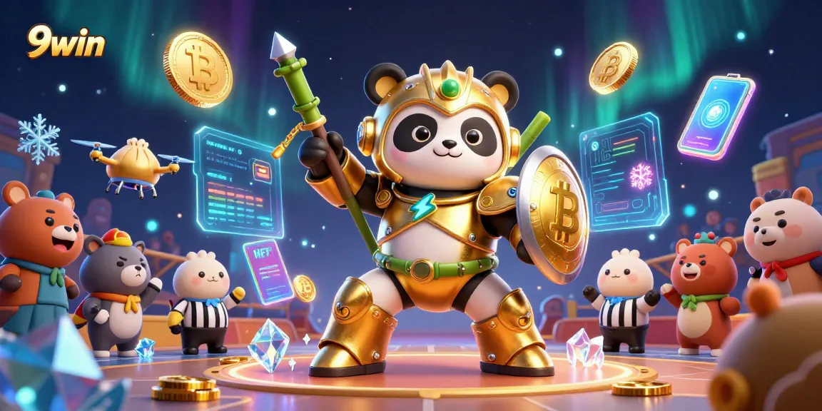 Engage with 9win in a thrilling 3D casino battle featuring a mech-suit golden panda.