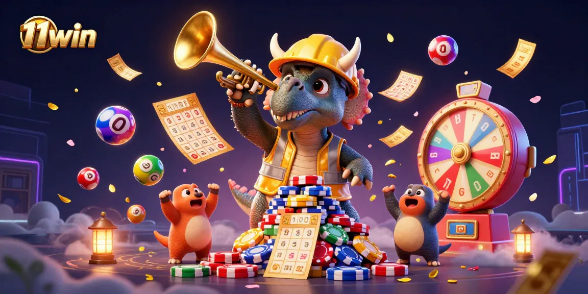 11win celebrates winning moments with a dinosaur duo creating poker chip pyramids amid a vibrant casino scene.