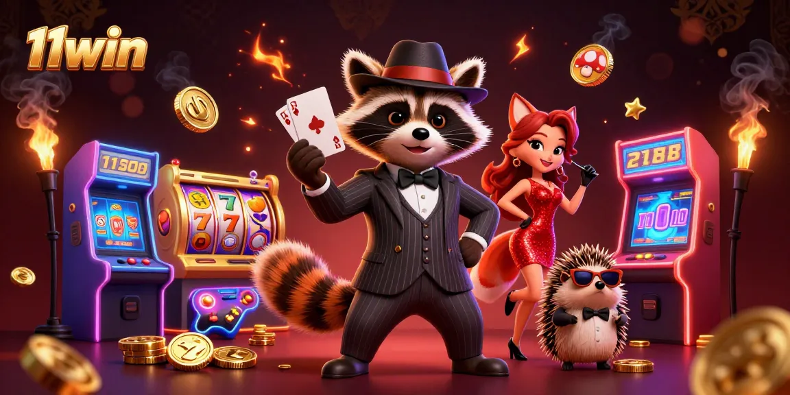 Experience thrilling gameplay with 11win as suave raccoon and companions showcase vibrant casino action.