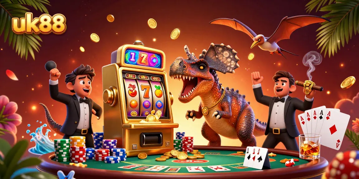 uk88 gamers celebrate as a dinosaur wins on a slot machine, showcasing vibrant casino action.