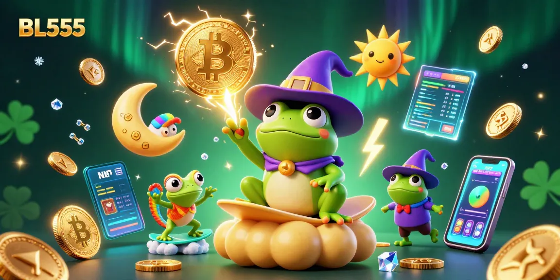 Experience the thrill of BL555 as a weather wizard frog conjures a storm of golden coins amidst vibrant casino elements.
