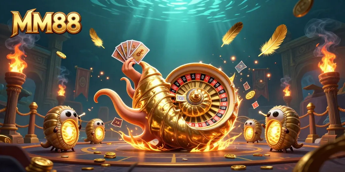 MM88 combines thrilling gaming elements with a cartoon nautilus and dazzling gold coins.